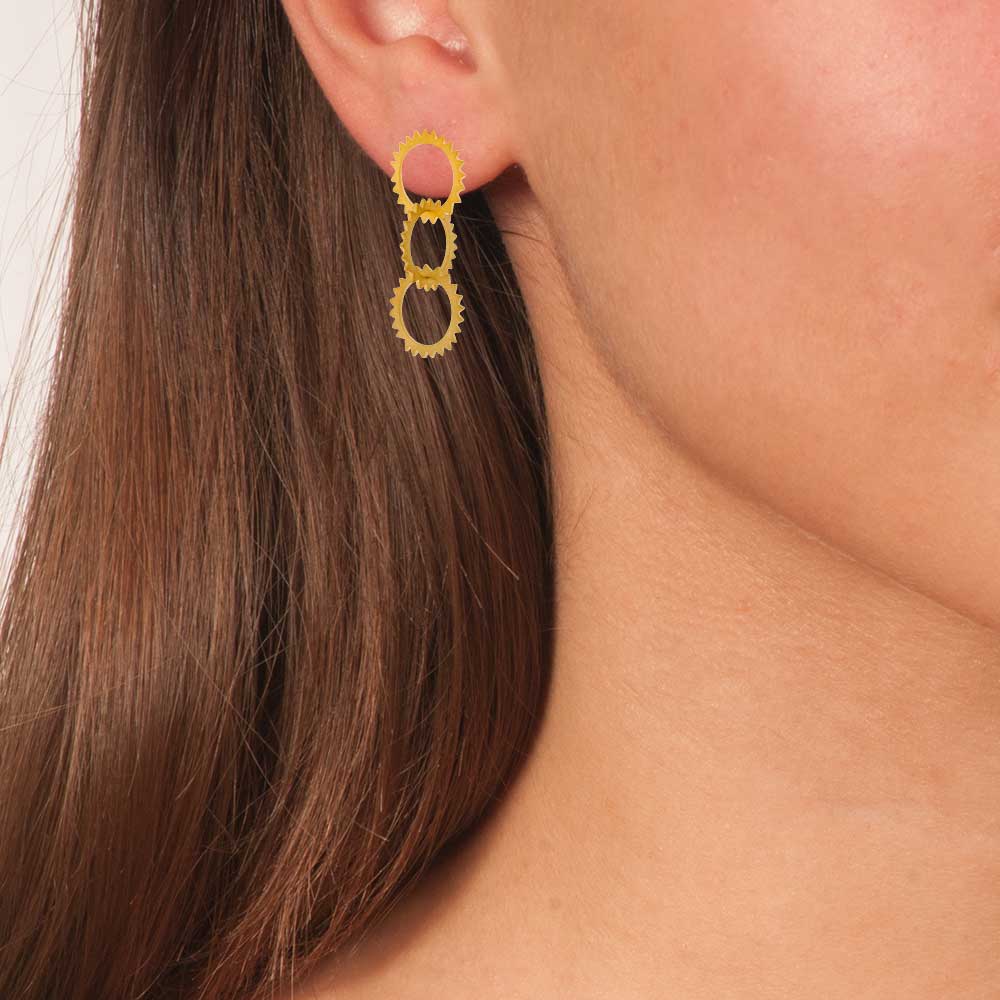 Handmade Gold Plated Silver Drop Earrings 3 Rings - Anthos Crafts