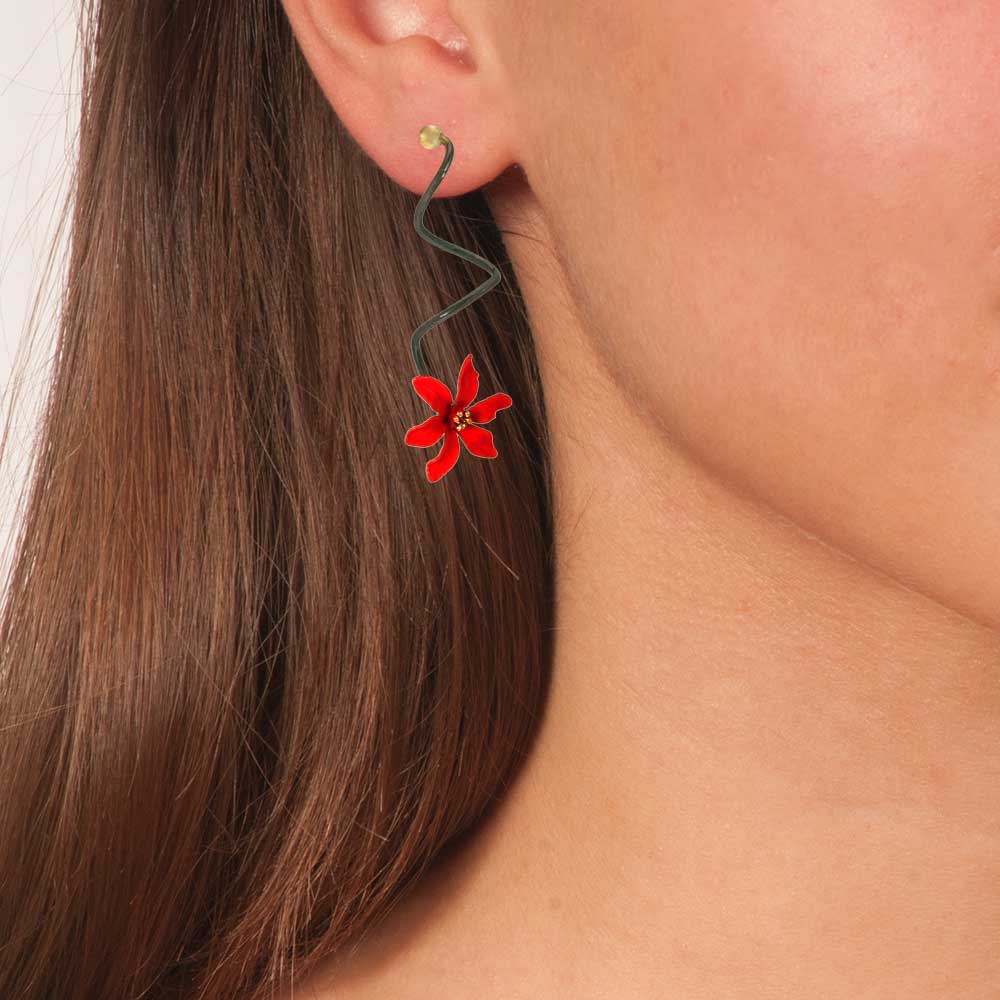 Handmade Black Plated Silver Red Flower Spiral Drop Earrings - Anthos Crafts
