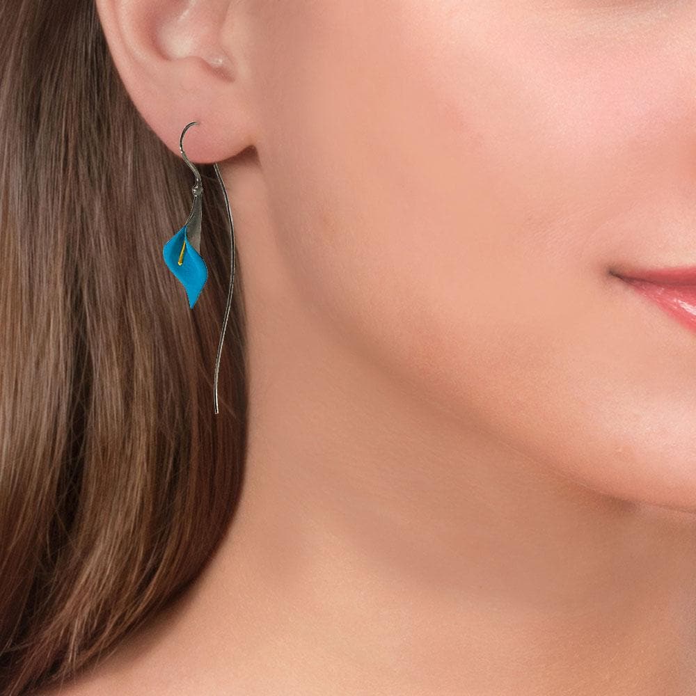 Handmade Black Plated Silver Turquoise Lily Long Drop Earrings - Anthos Crafts