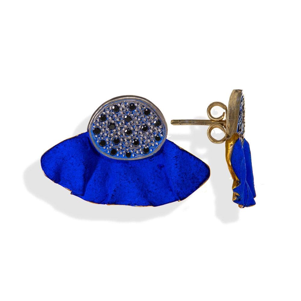 Handmade Gold Plated Silver Royal Blue Stud Earrings With Black Zirconia - Anthos Crafts