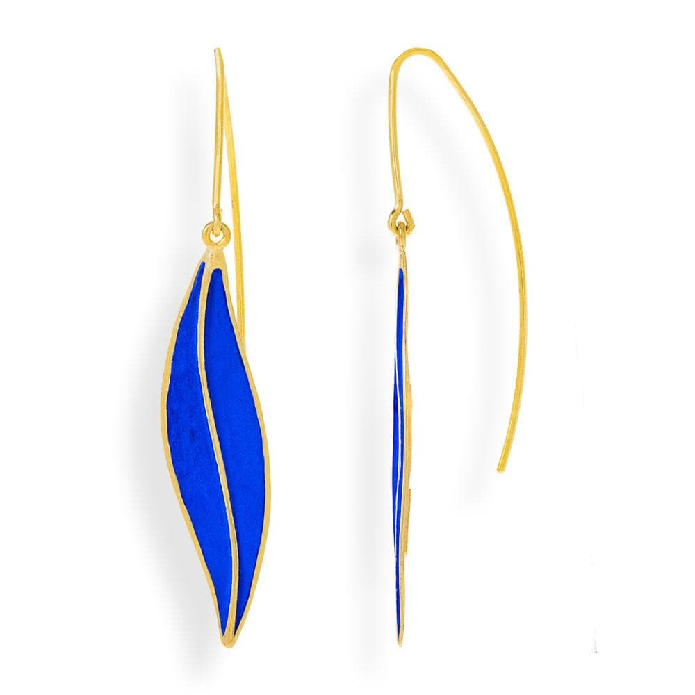 Handmade Gold Plated Silver Royal Blue Dangle Earrings Leaves - Anthos Crafts