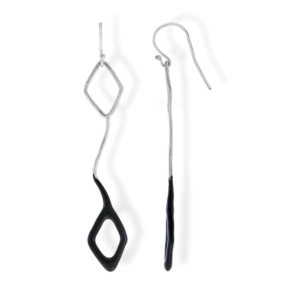 Handmade Silver Long Dangle Earrings With Black Enamel - Anthos Crafts