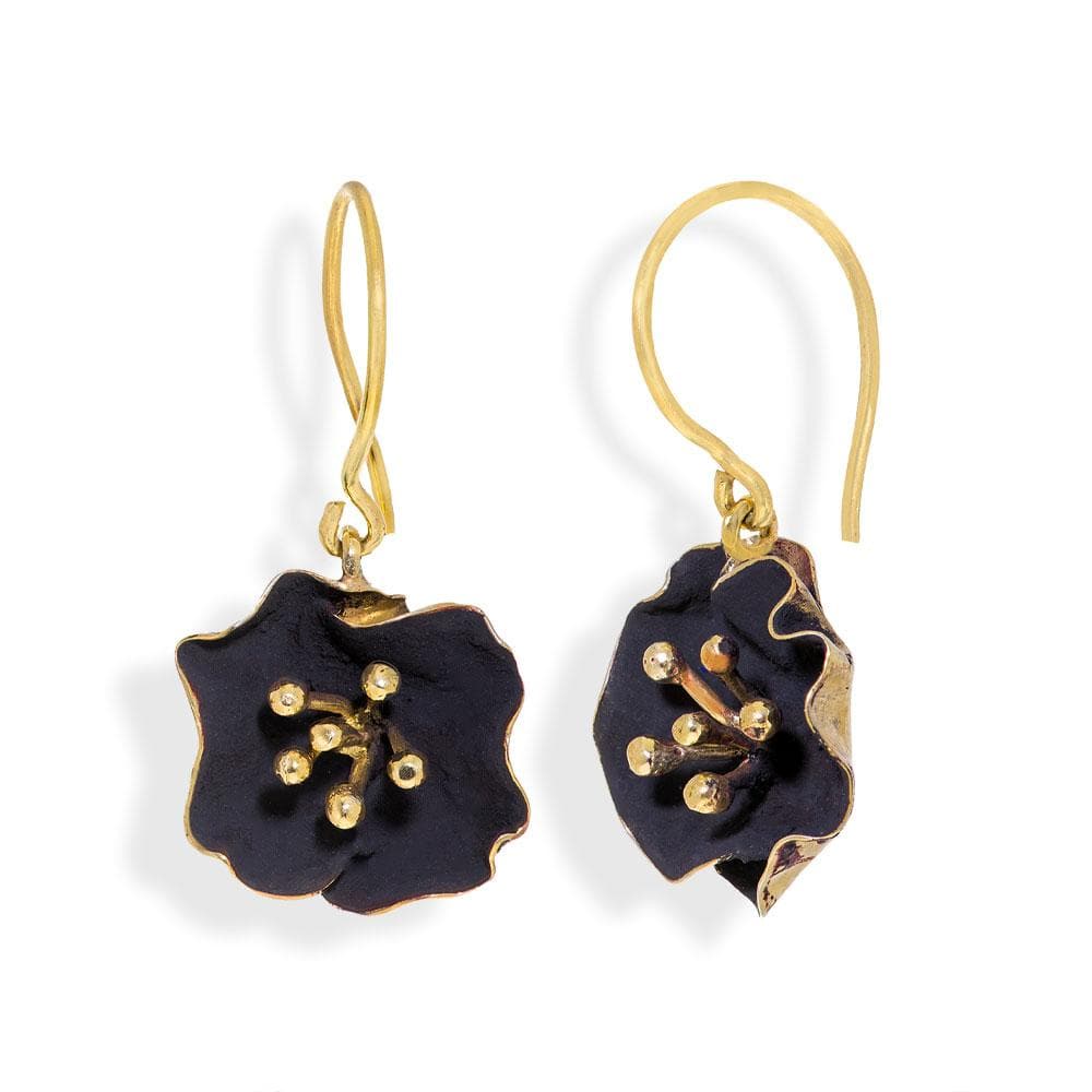 Handmade Gold Plated Silver Black Begonia Flower Dangle Earrings - Anthos Crafts