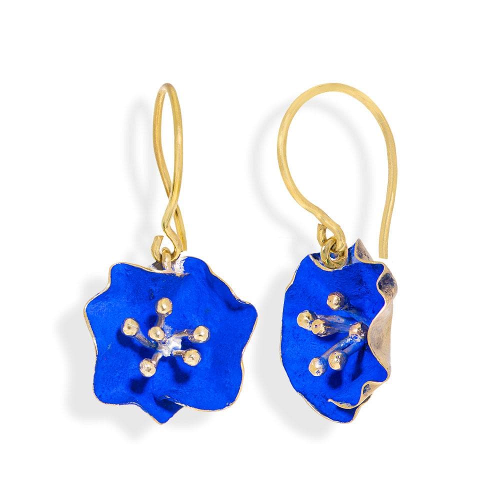 Handmade Gold Plated Silver Royal Blue Begonia Flower Dangle Earrings - Anthos Crafts