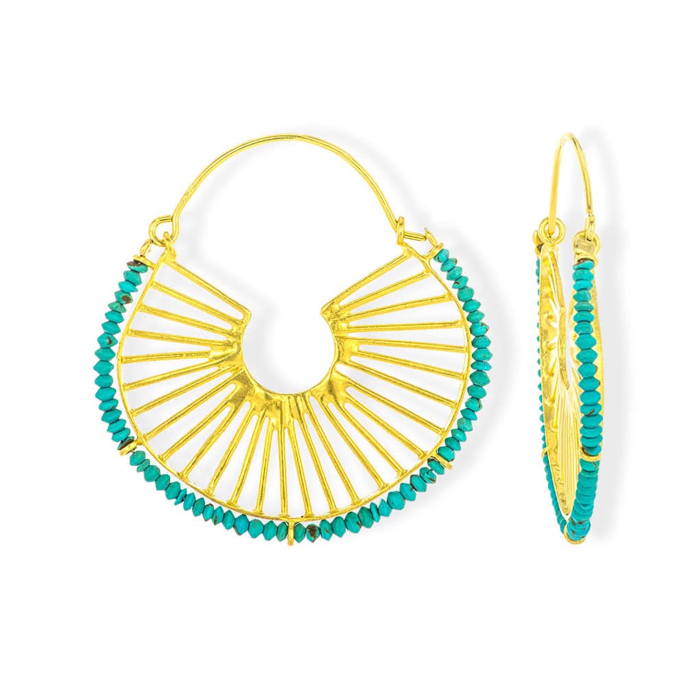 Handmade Gold Plated Earrings With Turquoise Gemstones Waves - Anthos Crafts