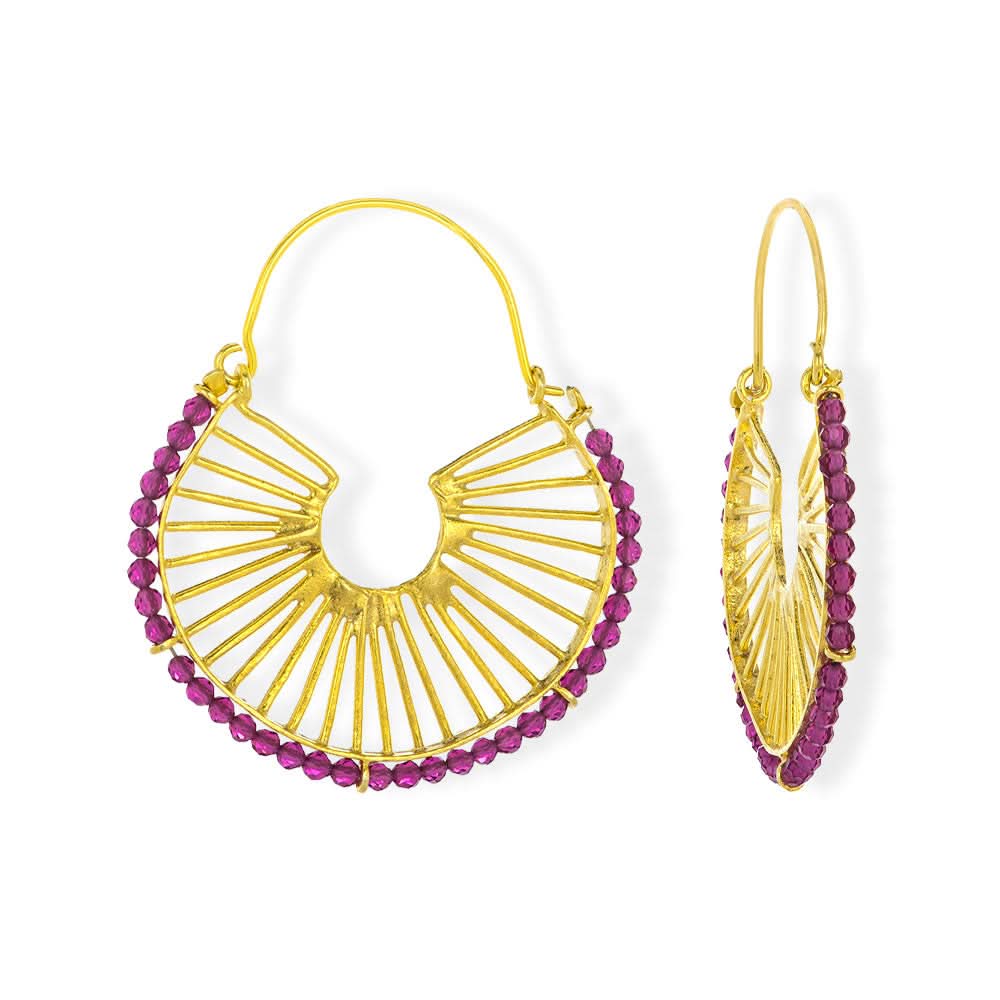 Handmade Gold Plated Earrings With Pink Zircons Waves - Anthos Crafts