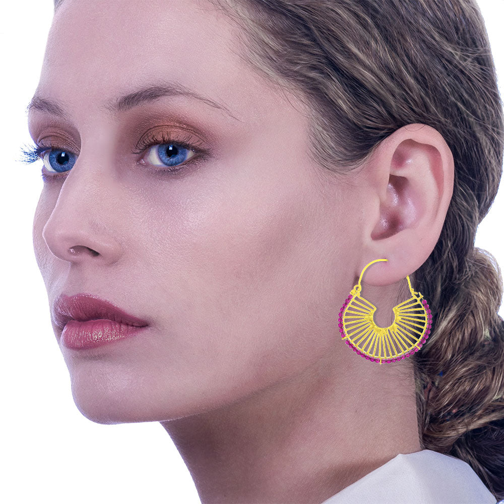 Handmade Gold Plated Earrings With Pink Zircons Waves - Anthos Crafts