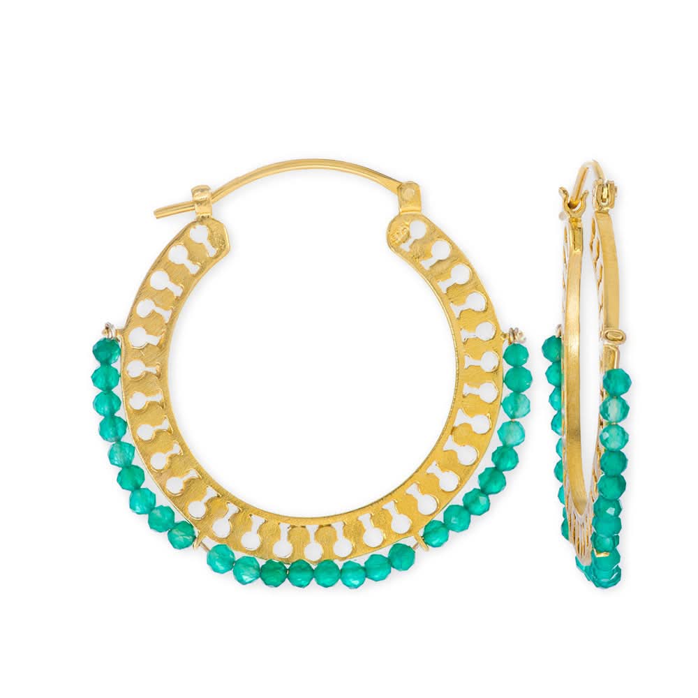 Handmade Gold Plated Silver Hoop Earrings With Green Agate - Anthos Crafts