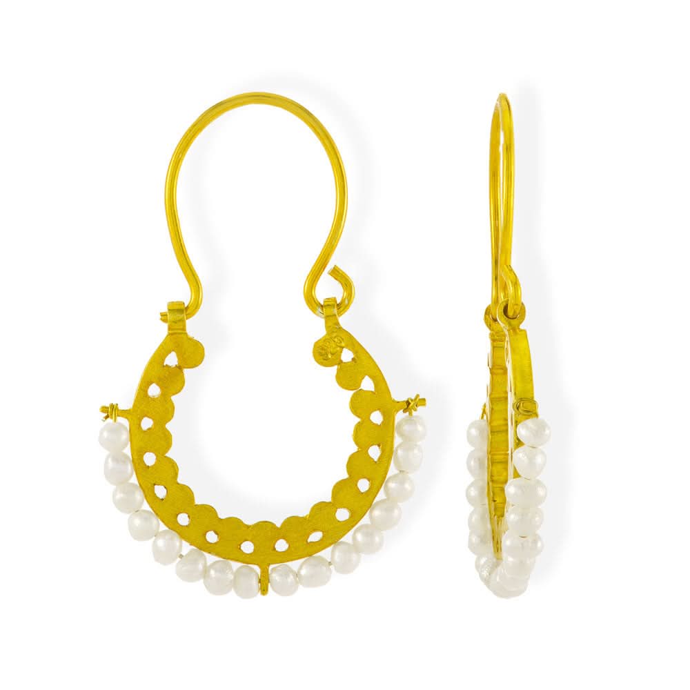 Handmade Gold Plated Silver Hoop Earrings With Freshwater Pearls - Anthos Crafts