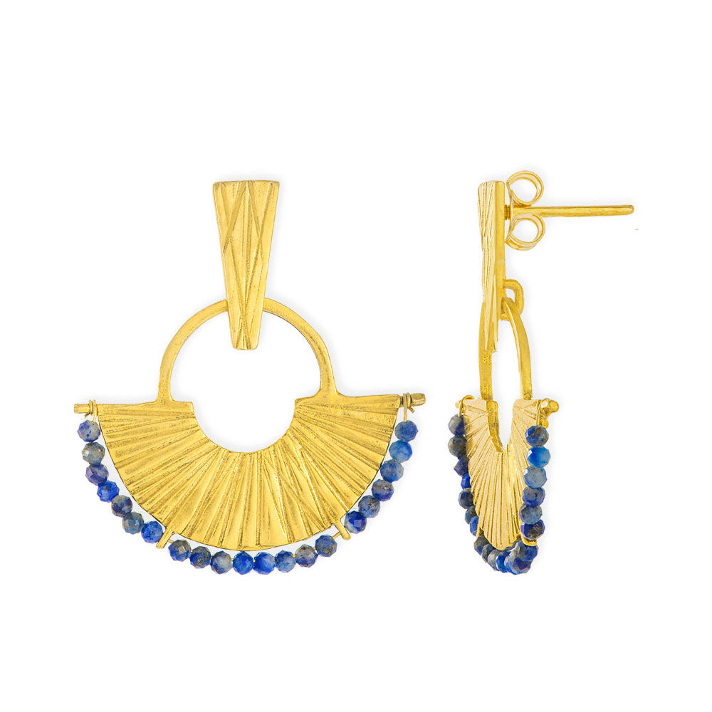 Handmade Gold Plated Silver Earrings Little Fans With Lapis Lazuli Stones - Anthos Crafts