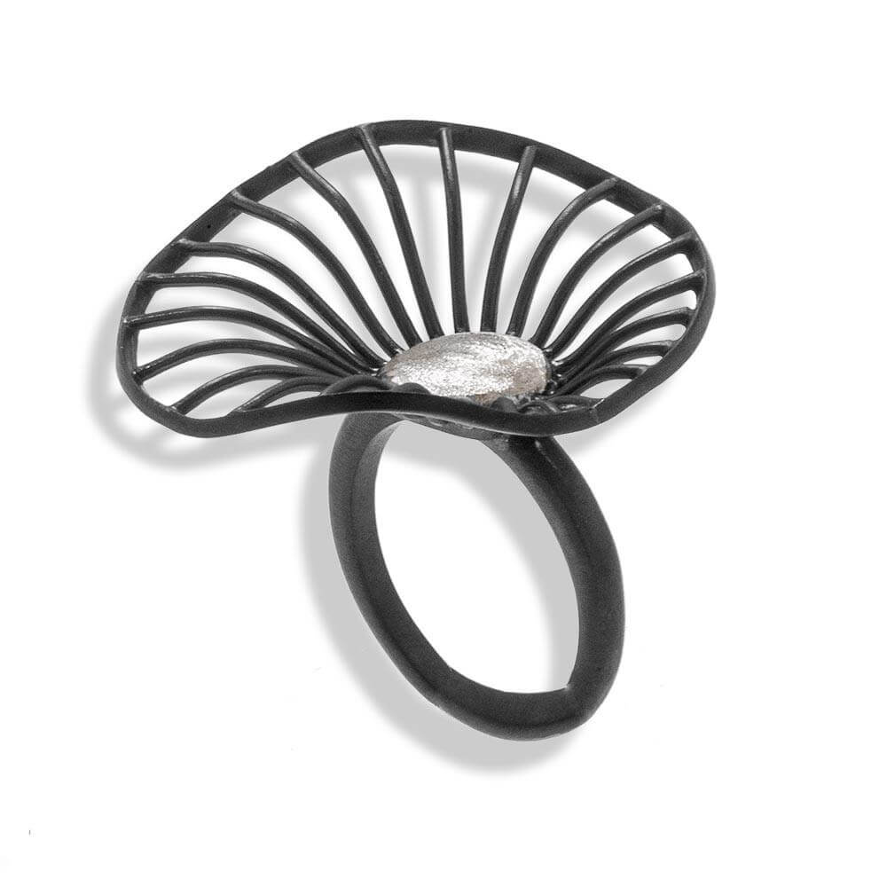 Handmade Black Plated Silver Flower Ring - Anthos Crafts
