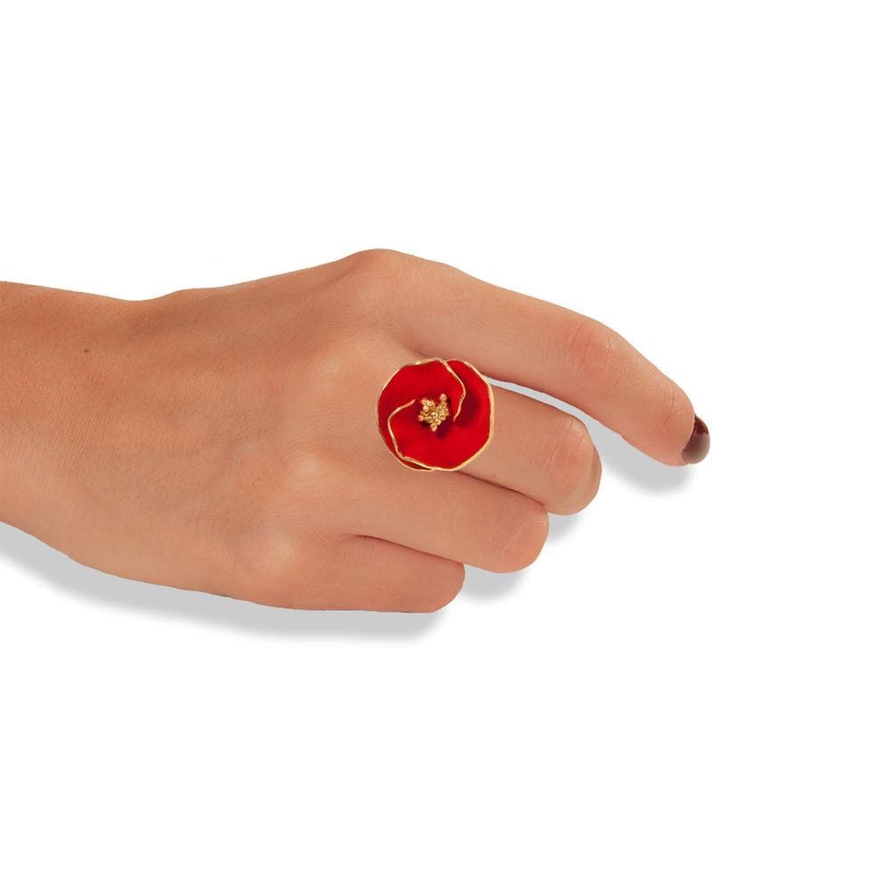 Handmade Gold Plated Silver Red Flower Ring - Anthos Crafts