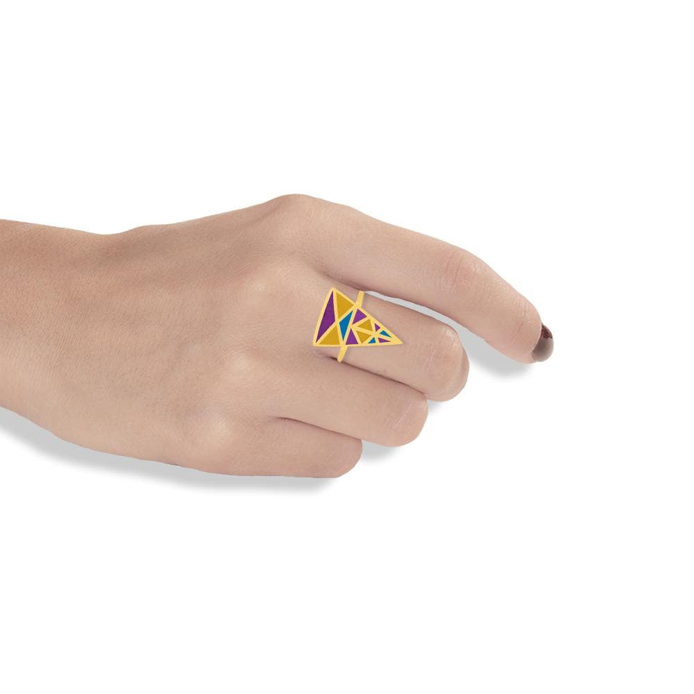 Handmade Gold Plated Silver Colorful Triangle Ring With Dovecote Patterns - Anthos Crafts