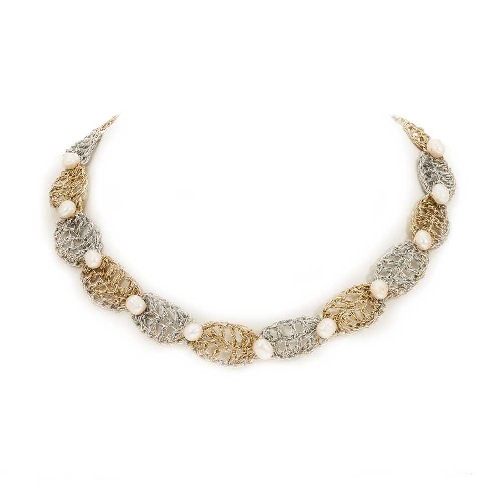 Handmade Gold &amp; Silver Plated Crochet Choker Necklace with Pearls - Anthos Crafts