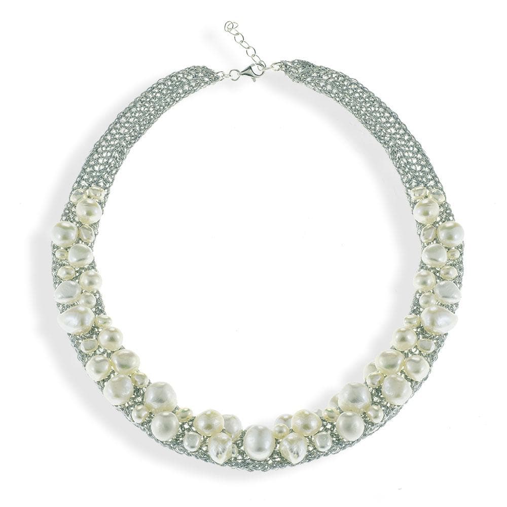 Handmade Silver Plated Crochet Choker Necklace with Pearls - Anthos Crafts