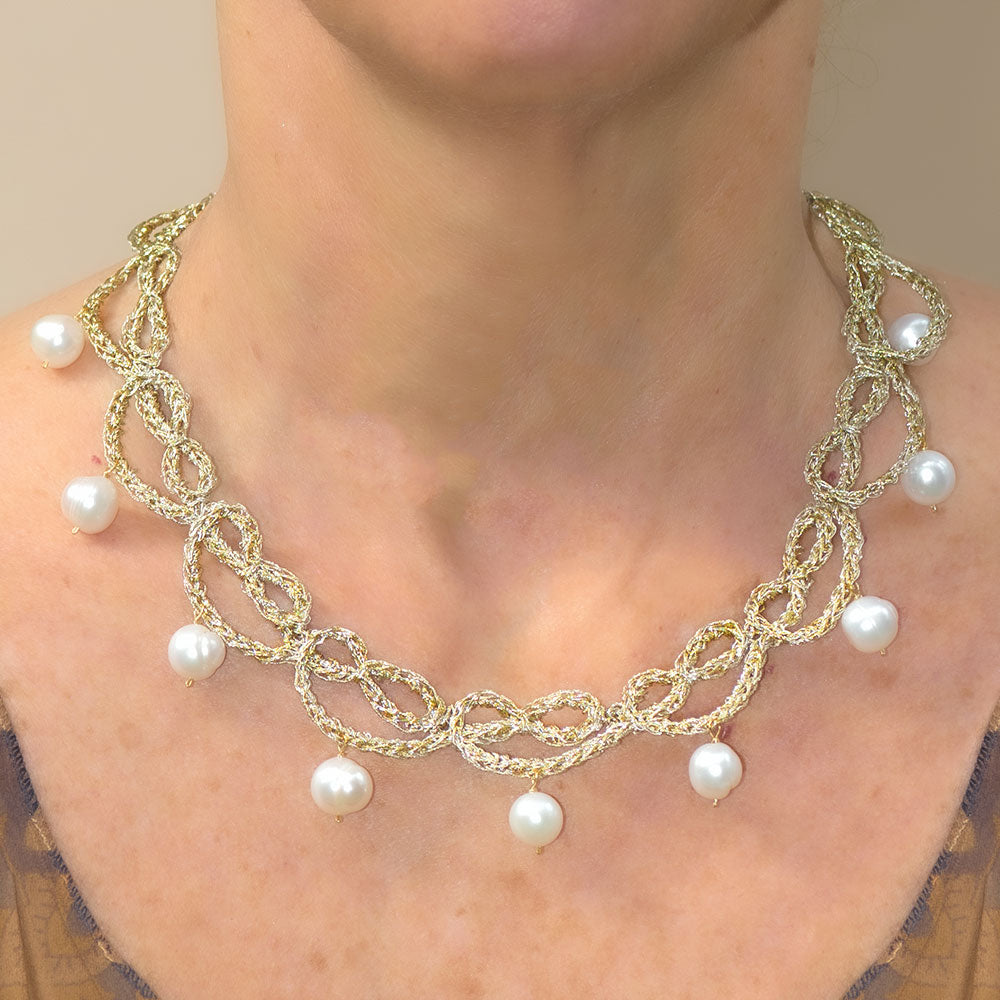 Handmade Gold Plated Crochet Vintage Choker Necklace with Pearls - Anthos Crafts