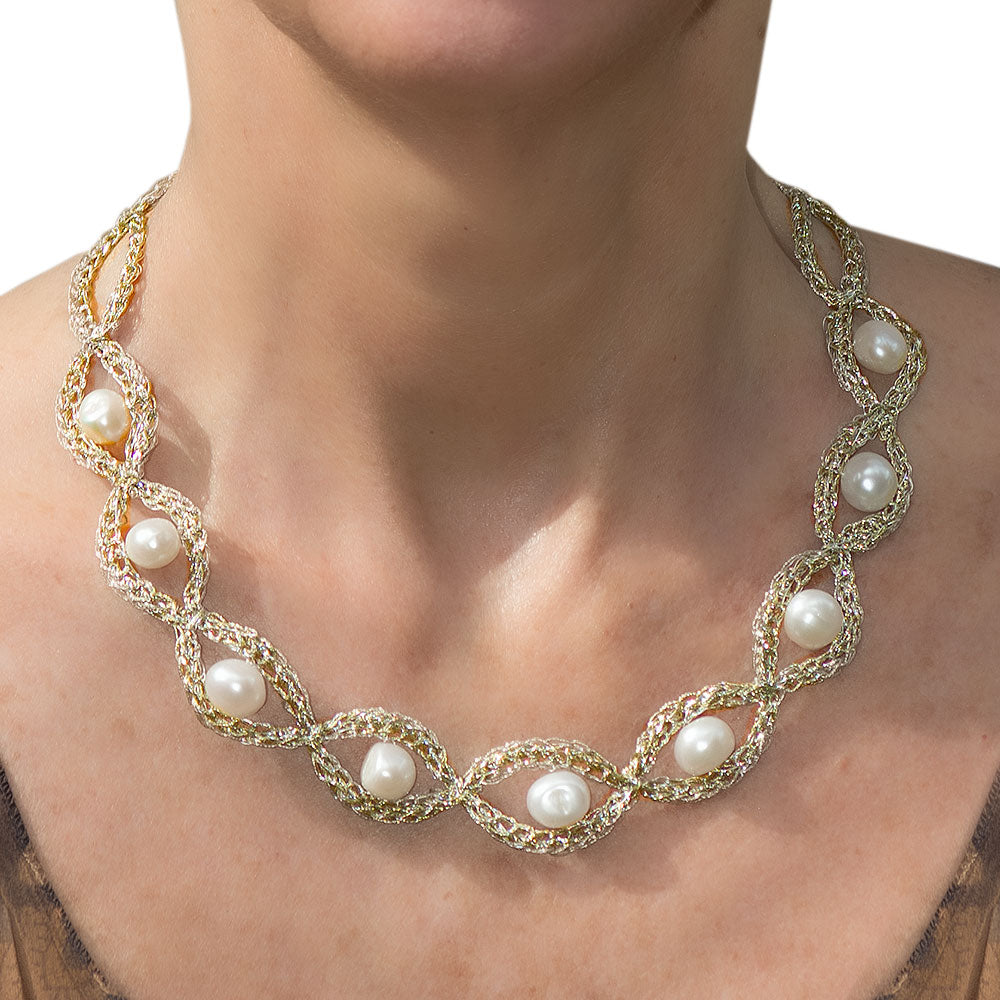 Handmade Gold Plated Crochet Choker Necklace with Pearls - Anthos Crafts