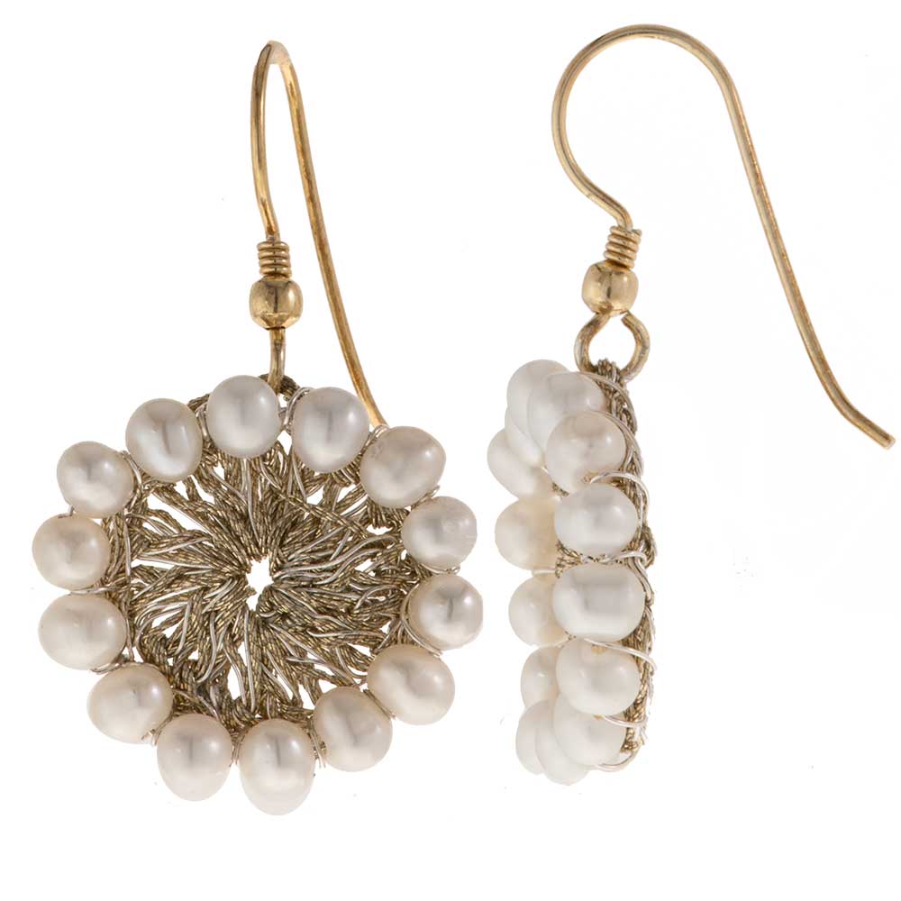 Handmade Gold Plated Crochet Drop Earrings With Pearls - Anthos Crafts