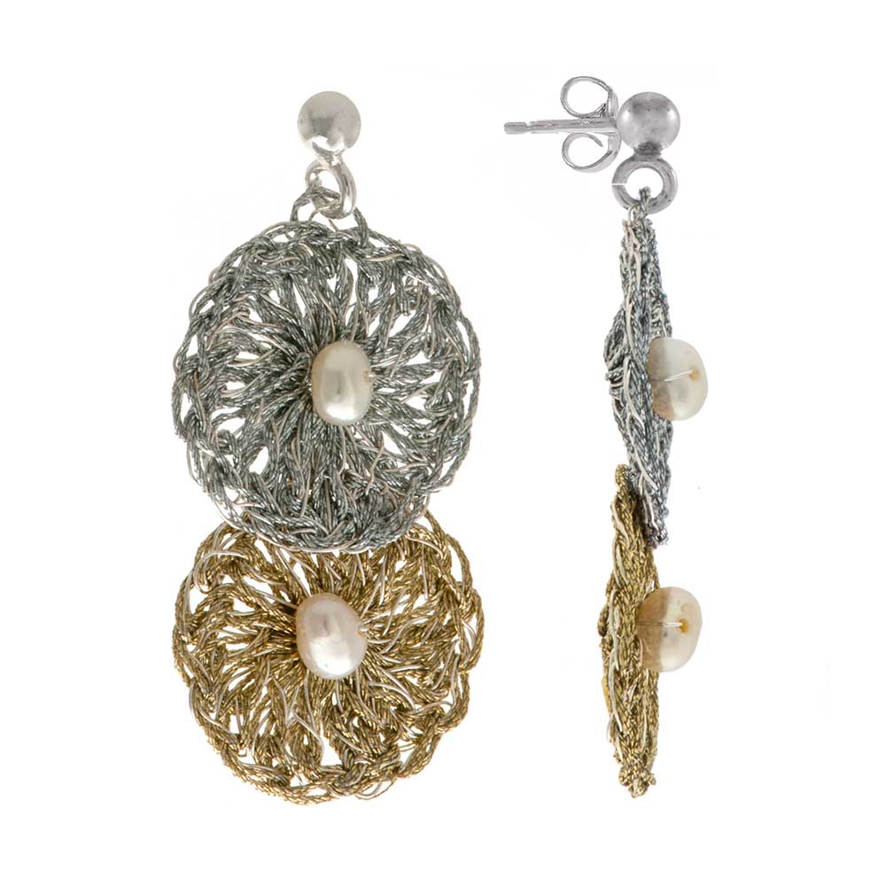 Handmade Gold &amp; Silver Plated Crochet Drop Earrings Two Disks With Pearls - Anthos Crafts