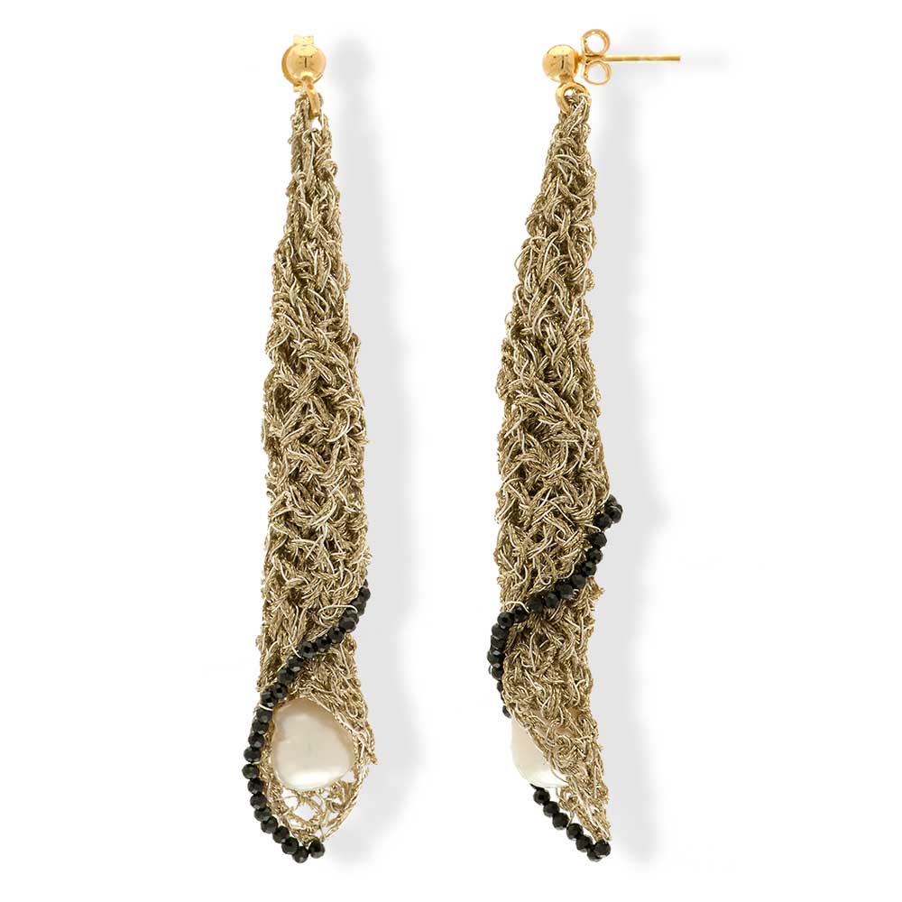 Handmade Gold Plated Crochet Long Clam Earrings With Pearls - Anthos Crafts