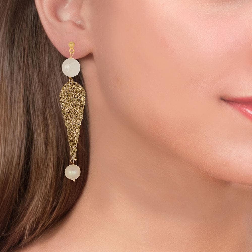 Handmade Gold Plated Crochet Tears Earrings With Pearls - Anthos Crafts