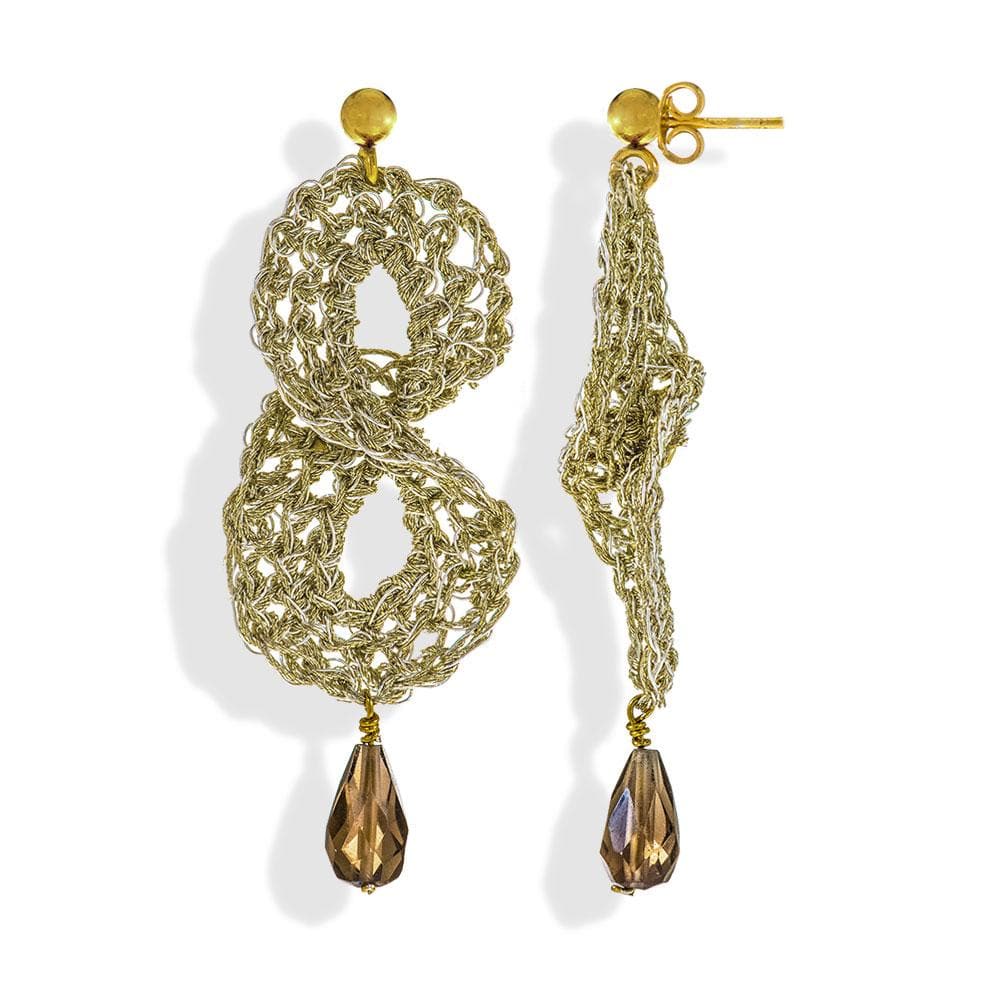 Handmade Gold Plated Crochet Drop Earrings With Smoking Quartz - Anthos Crafts