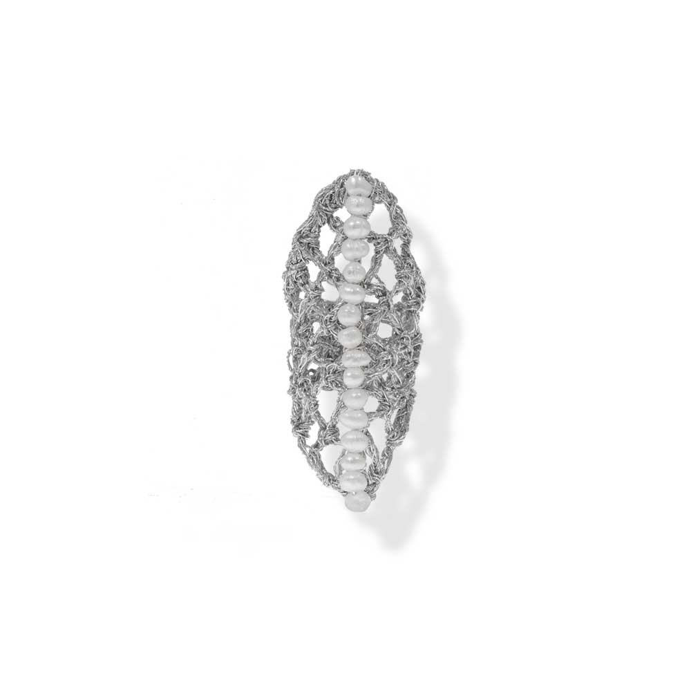Handmade Silver Plated Crochet Knit Rhombus Ring With Pearls - Anthos Crafts