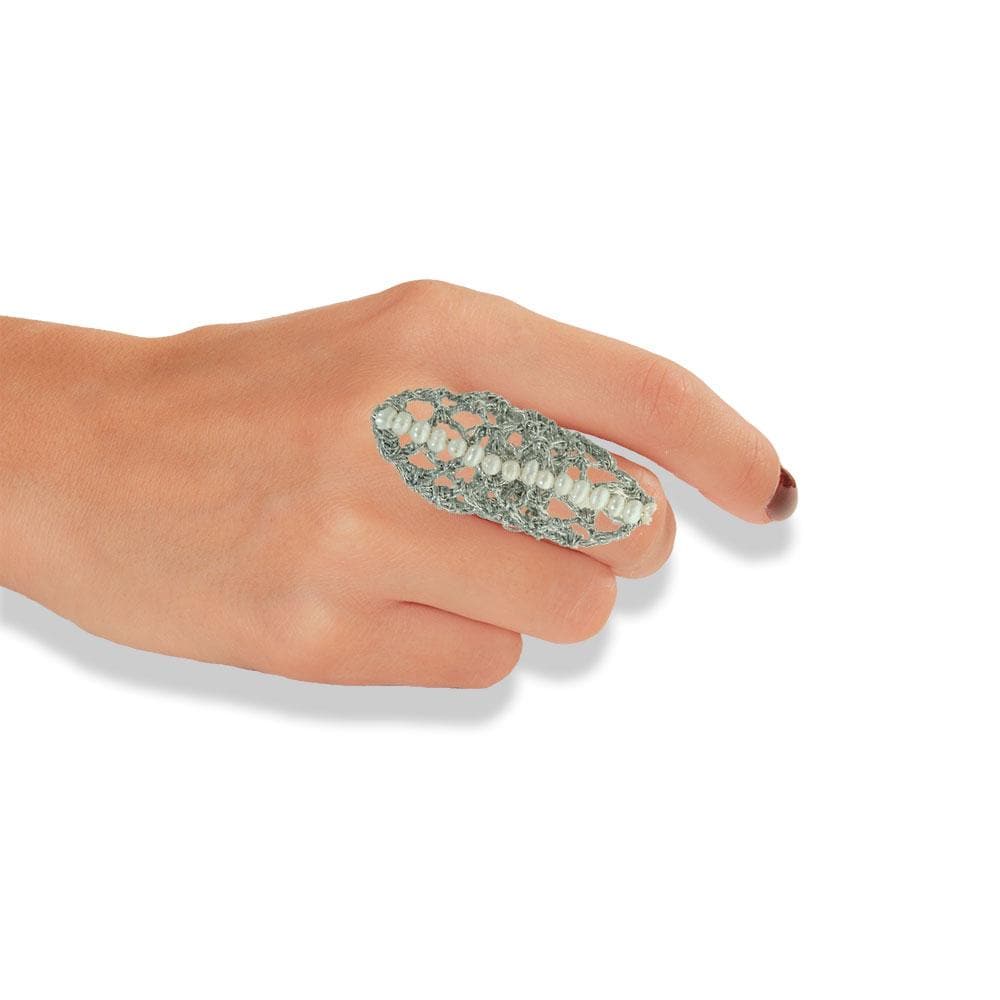 Handmade Silver Plated Crochet Knit Rhombus Ring With Pearls - Anthos Crafts