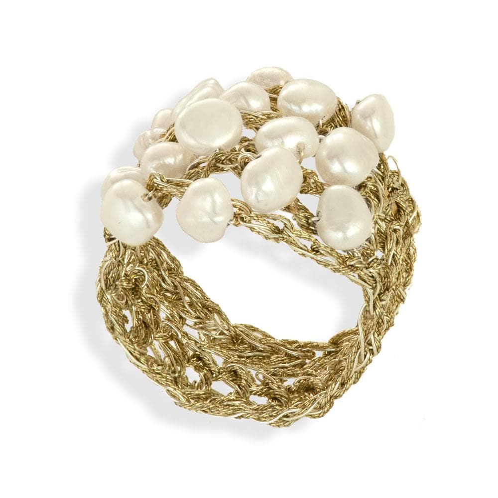 Handmade Gold Plated Crochet Knit Ring With Pearls - Anthos Crafts