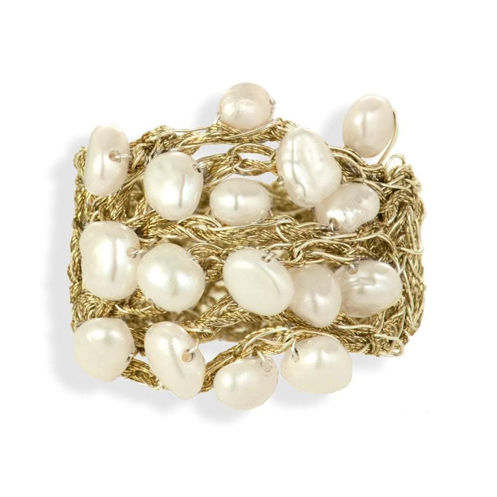 Handmade Gold Plated Crochet Knit Ring With Pearls - Anthos Crafts