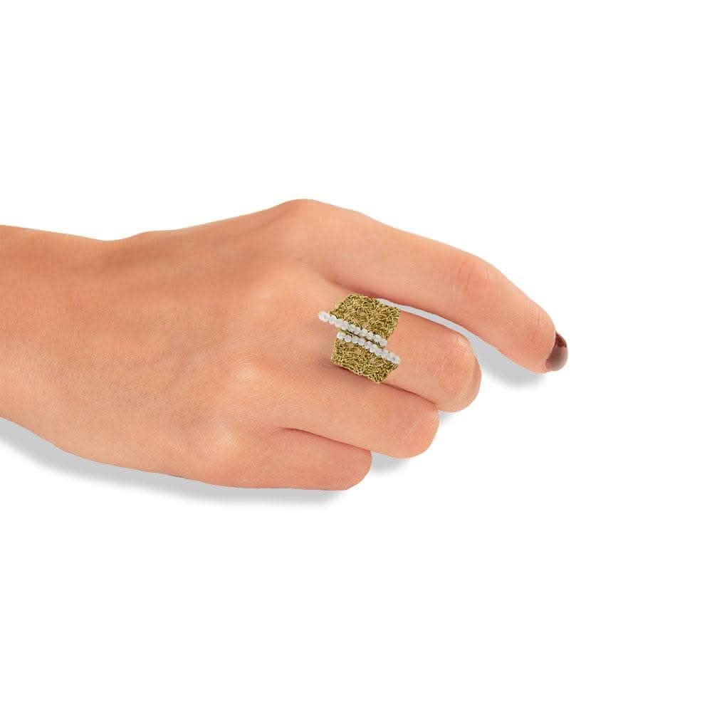 Handmade Gold Plated Crochet Knit Ring With 2 Rows of Pearls - Anthos Crafts