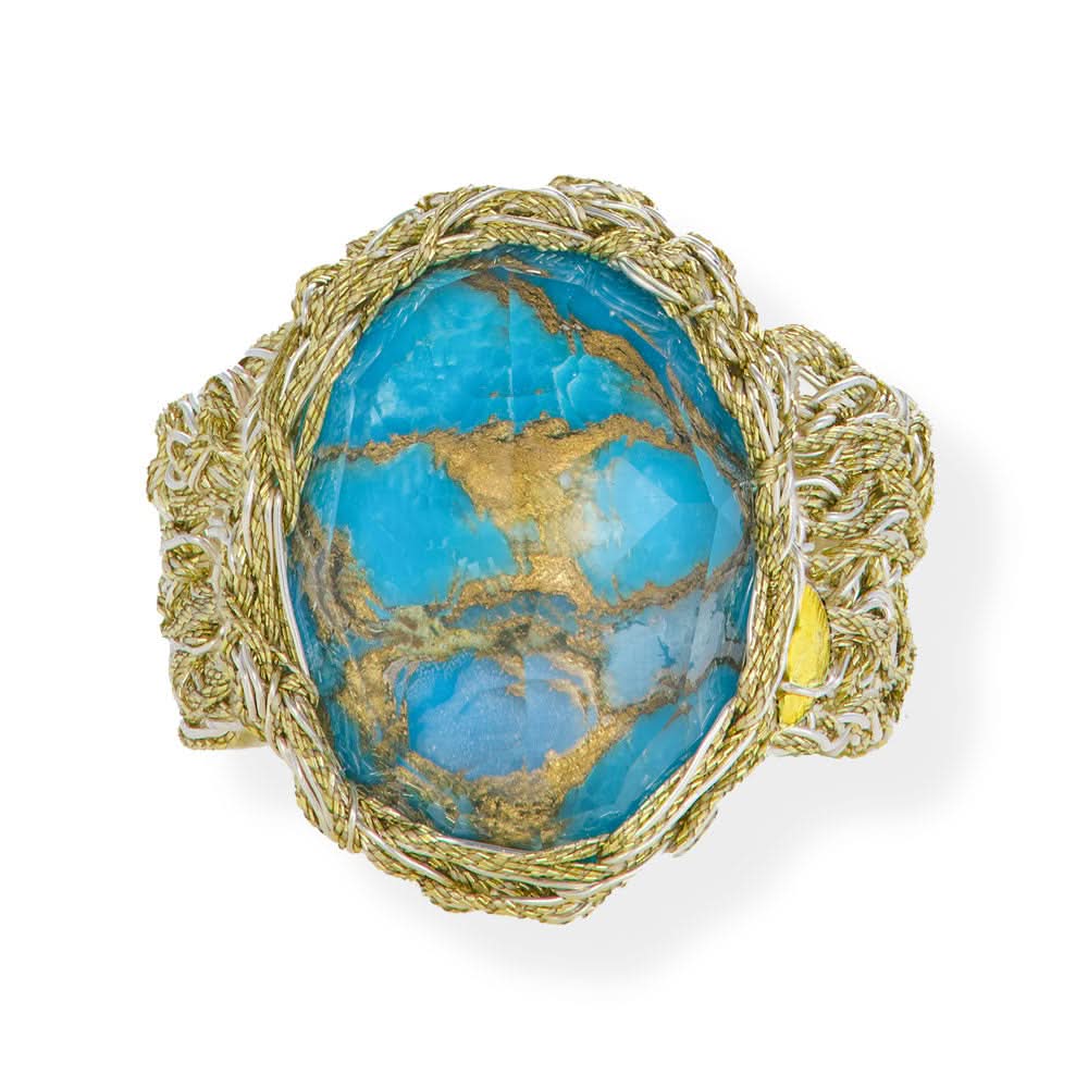 Handmade Gold Plated Crochet Ring With Turquoise Copper Gemstone - Anthos Crafts