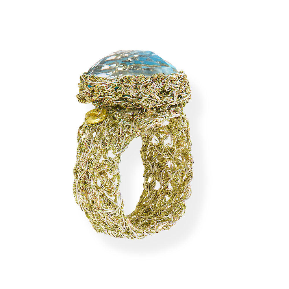 Handmade Gold Plated Crochet Ring With Turquoise Copper Gemstone - Anthos Crafts