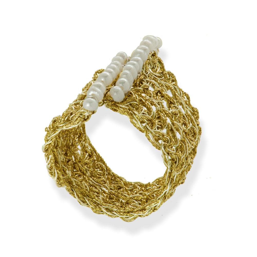 Handmade Gold Plated Crochet Knit Ring With 2 Rows of Pearls - Anthos Crafts
