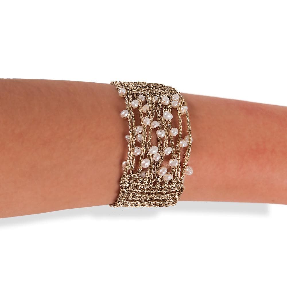 Handmade Gold Plated Knitted Crochet Bracelet with Freshwater Pearls - Anthos Crafts