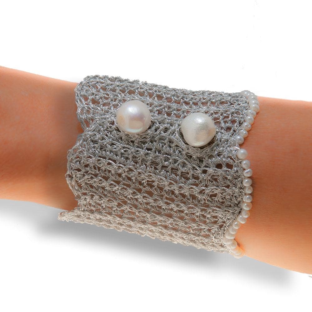 Handmade Silver Plated Knitted Crochet Large Bracelet with Freshwater Pearls - Anthos Crafts