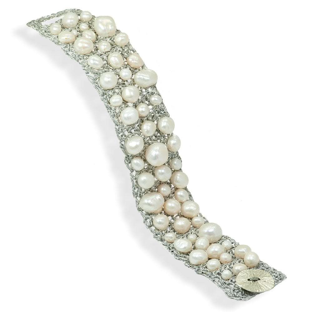 Handmade Silver Plated Crochet Knit Bracelet with Impressive Freshwater Pearls - Anthos Crafts