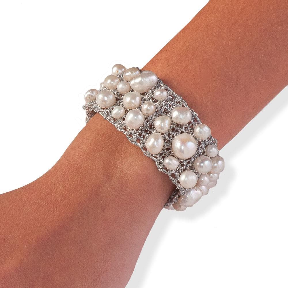 Handmade Silver Plated Crochet Knit Bracelet with Impressive Freshwater Pearls - Anthos Crafts
