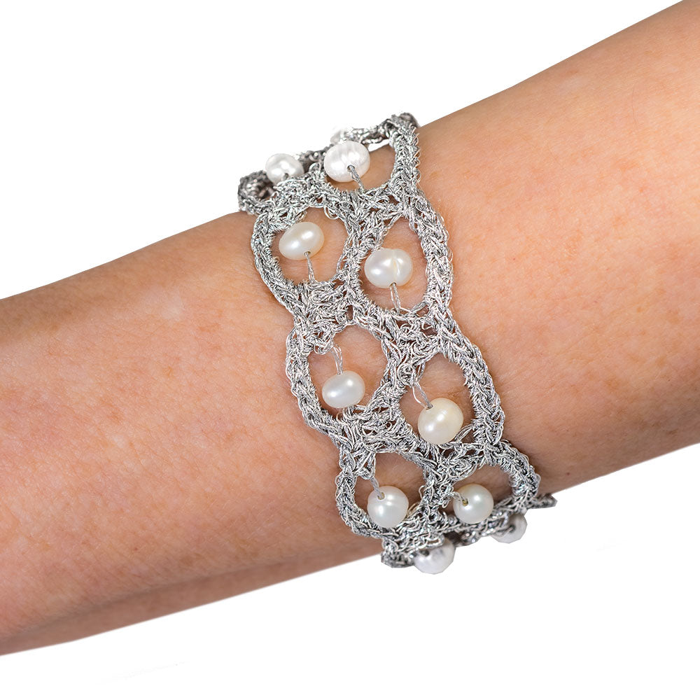 Handmade Silver Plated Crochet Bracelet with Pearls - Anthos Crafts