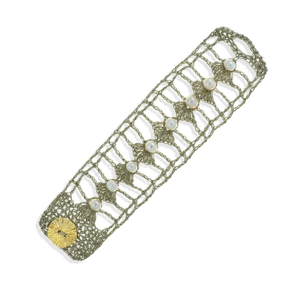 Handmade Vintage Gold Plated Crochet Knit Bracelet with Pearls - Anthos Crafts