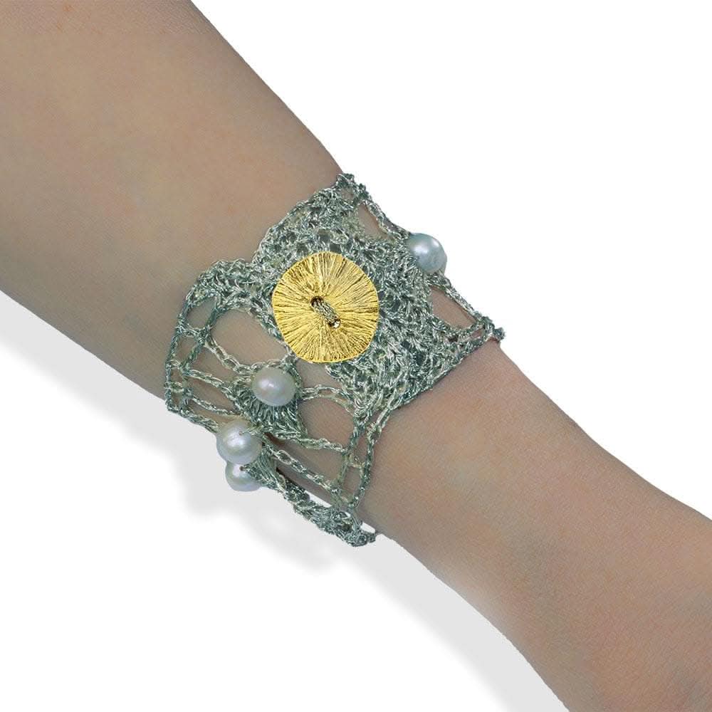 Handmade Vintage Gold Plated Crochet Knit Bracelet with Pearls - Anthos Crafts