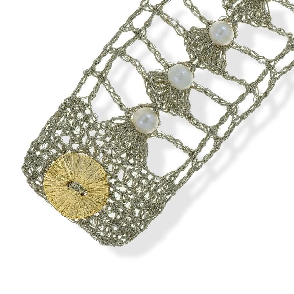 Handmade Vintage Gold Plated Crochet Knit Bracelet with Pearls - Anthos Crafts