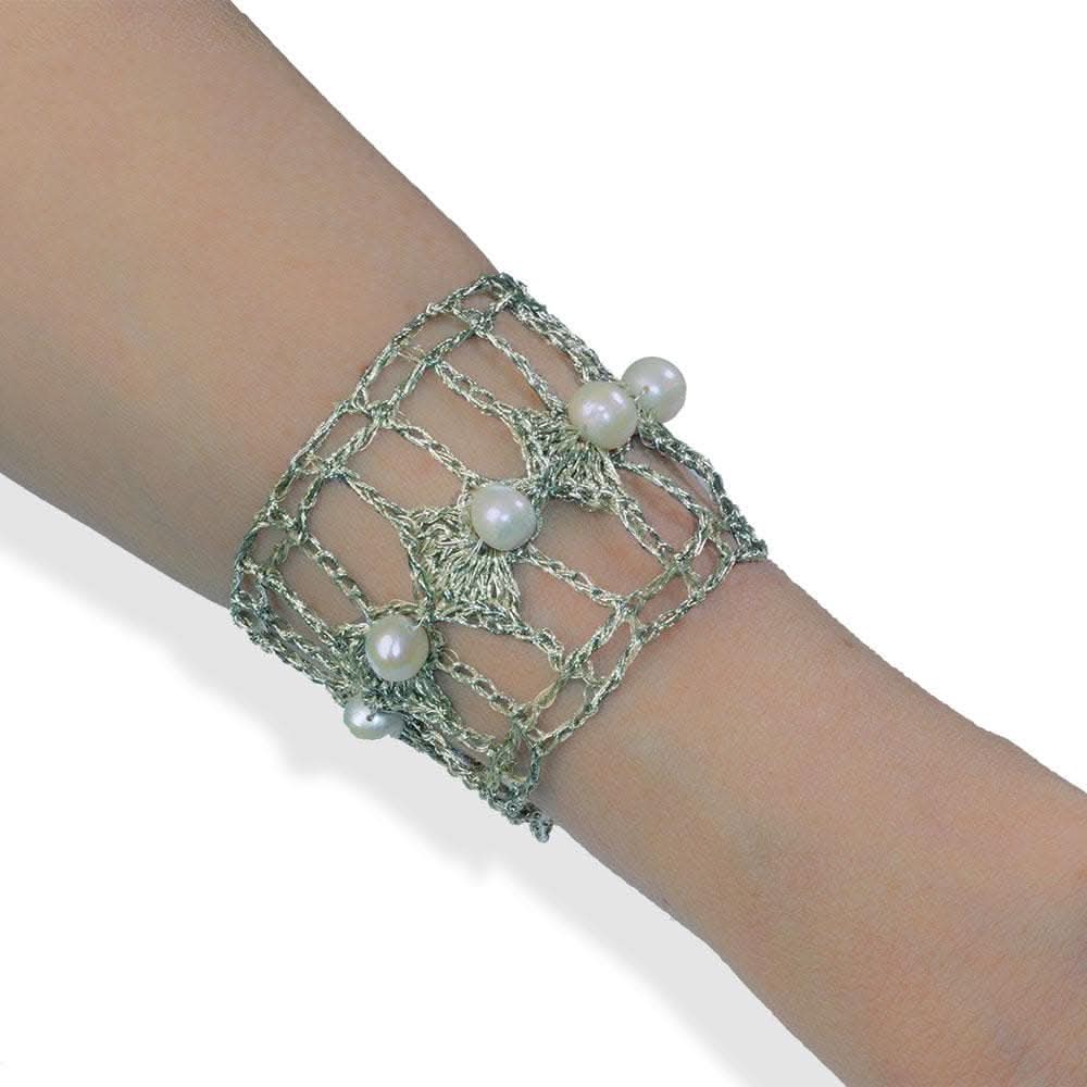 Handmade Vintage Gold Plated Crochet Knit Bracelet with Pearls - Anthos Crafts