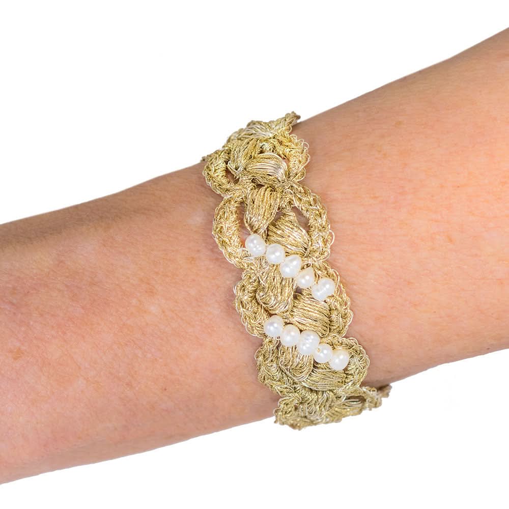 Handmade Gold Plated Crochet Bracelet Braid with Pearls - Anthos Crafts