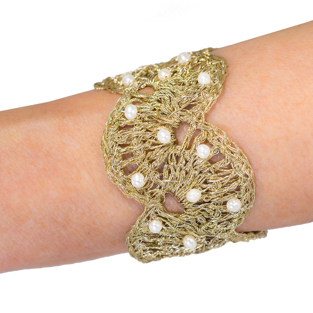 Handmade Gold Plated Crochet Bracelet Half Flower with Pearls - Anthos Crafts