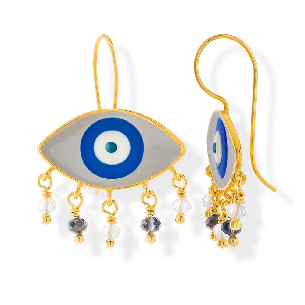Handmade Gold Plated Silver Enamel Evil Eye Earrings Gray Navy with Gemstones - Anthos Crafts