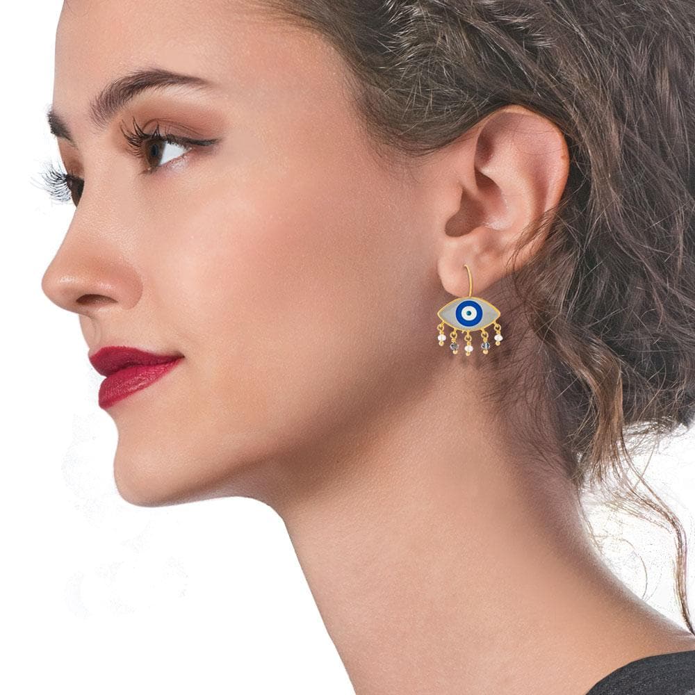Handmade Gold Plated Silver Enamel Evil Eye Earrings Gray Navy with Gemstones - Anthos Crafts
