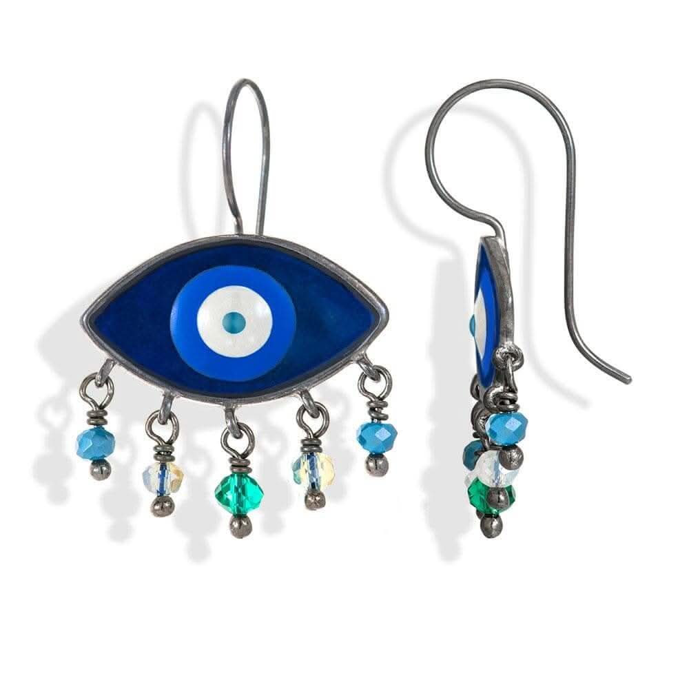 Handmade Black Plated Silver Enamel Evil Eye Earrings Navy Gray with Gemstones - Anthos Crafts