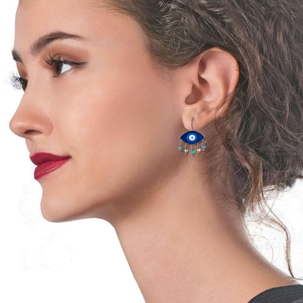 Handmade Black Plated Silver Enamel Evil Eye Earrings Navy Gray with Gemstones - Anthos Crafts