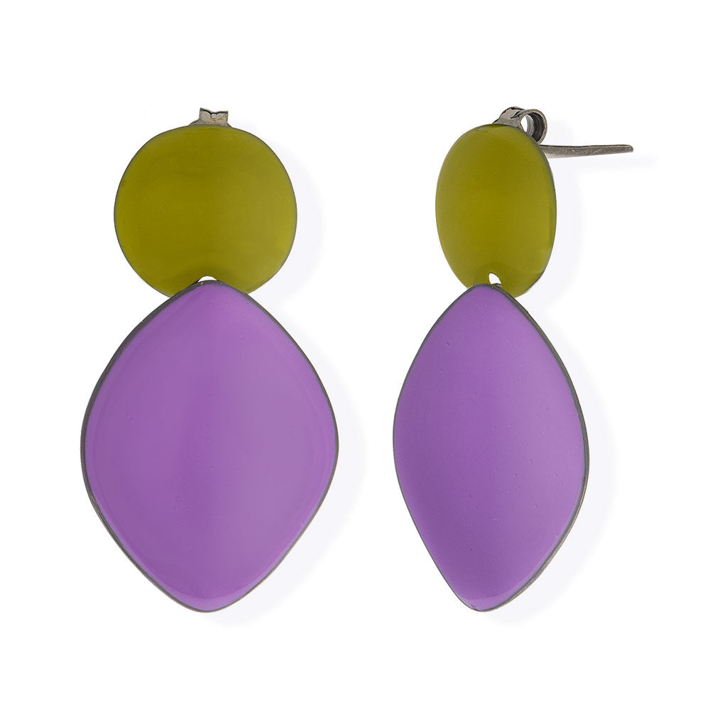 Handmade Rhodium Plated Silver Dangle Earrings with Lavender &amp; Green Enamel - Anthos Crafts